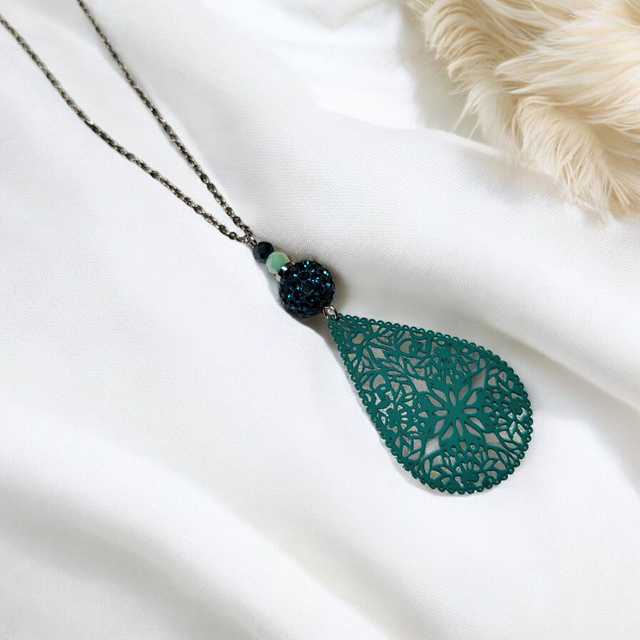 Collier acier inoxydable et cristal vert canard