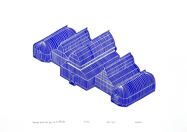Grandes Serres du Parc de la Tête d'Or • Linogravure bleue 21 x 30 cm