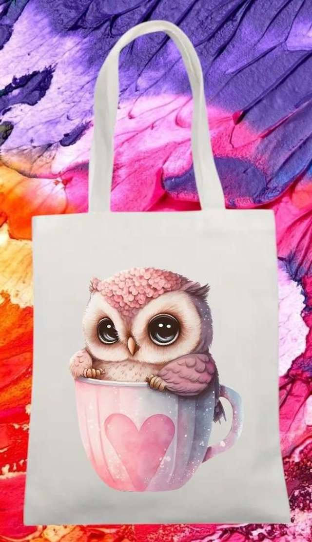 Leinentasche mit Druck Eule im Becher 