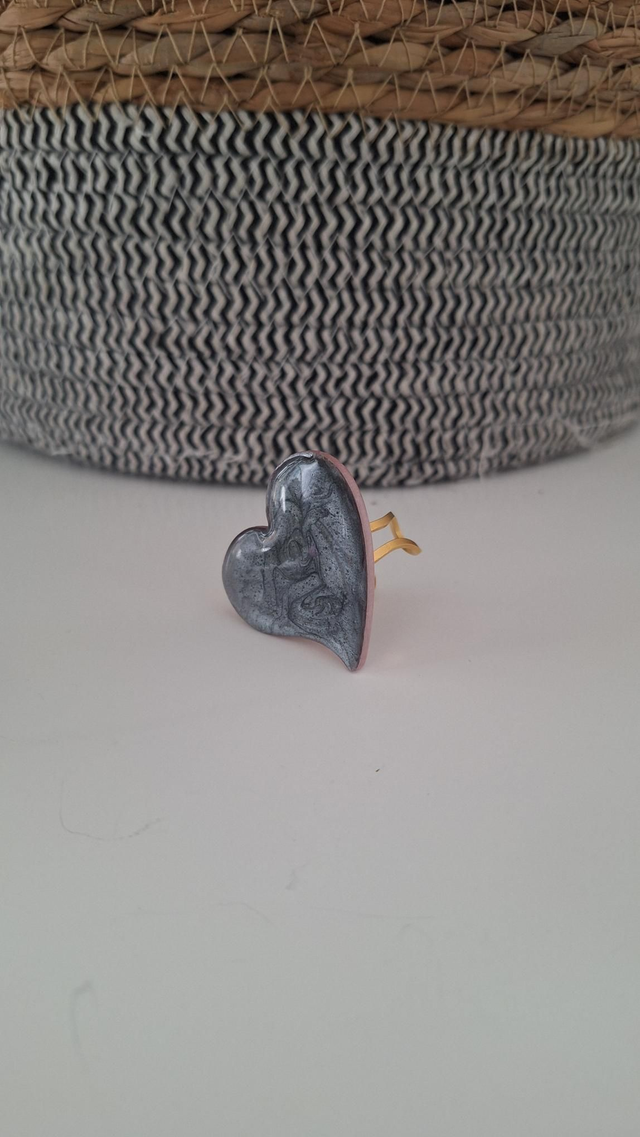 Bague coeur gris métallisé/verso rose