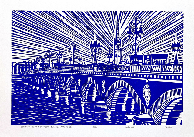 Bordeaux : le Pont de Pierre sur la Garonne • Linogravure bleu outremer 21 x 30 cm