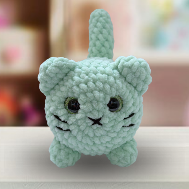 Crochet Chenille Loaf Cat, Mint Green, Glitter Eyes, ukca Tested