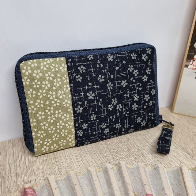 Portefeuille court zippé "Sakura" vert & bleu marine