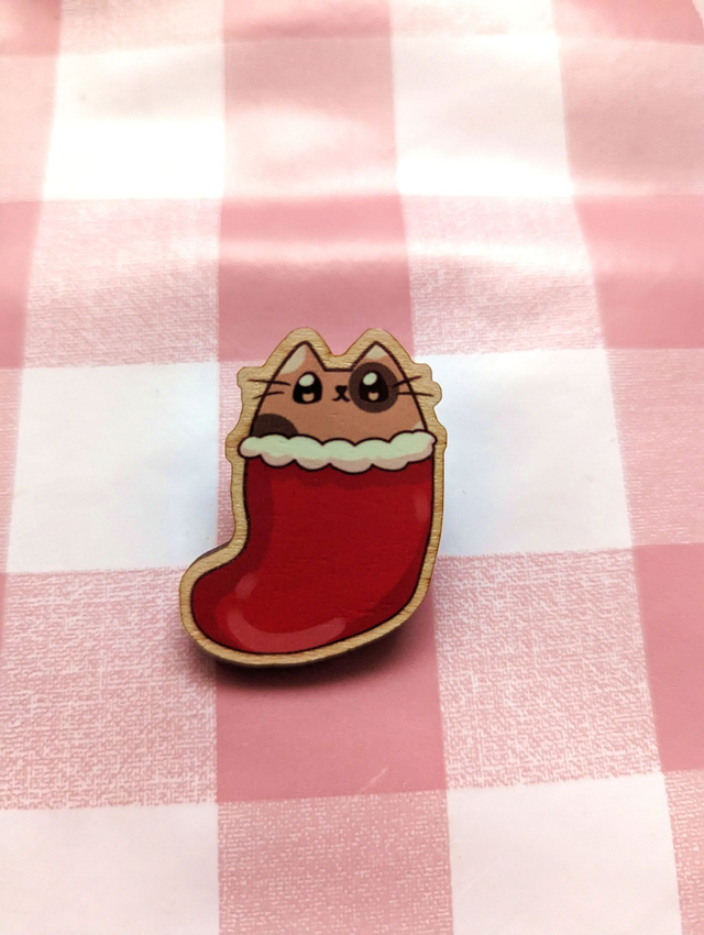 Christmas Cat Stocking Pin Badge - stocking filler, christmas decorations, christmas gift, xmas gifts, xmas decorations, festive cat, cute gifts
