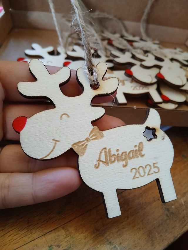 Reindeer personalised decoration, with red nose and bow tie