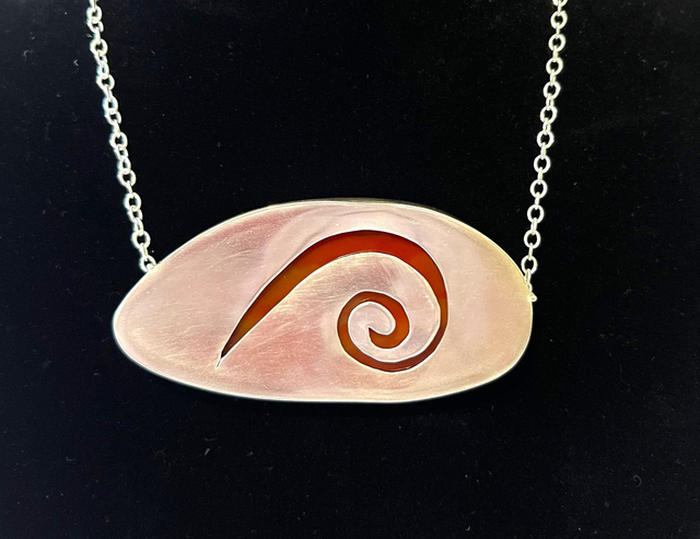 Spiral Ember: Reversible Red Agate Necklace – Recycled Silver Spiral Cut Pendant