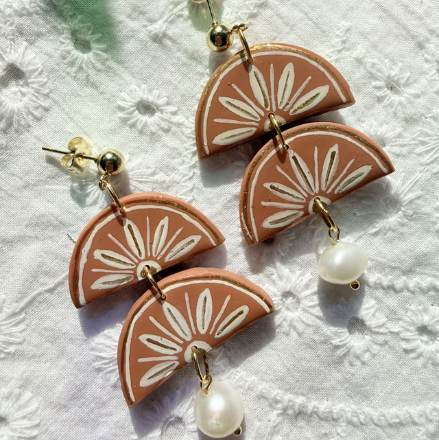 AVNI - Floral Semi Circle Stack Statement Pearl drop earrings