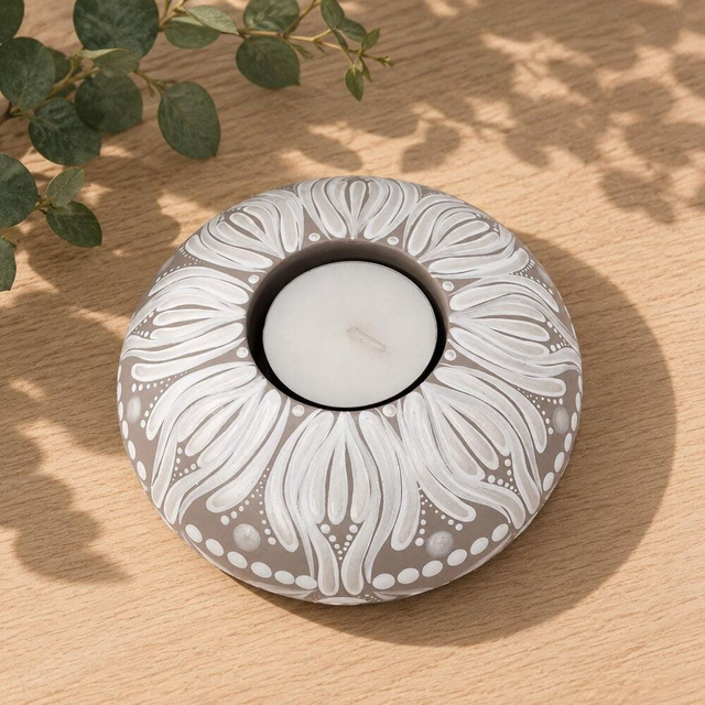 Bougeoir mandala taupe, blanc &amp; nacré en plâtre résine – Peint à la main