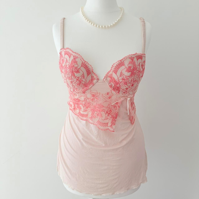y2k pink polka dot lace embroidered cups cami top 