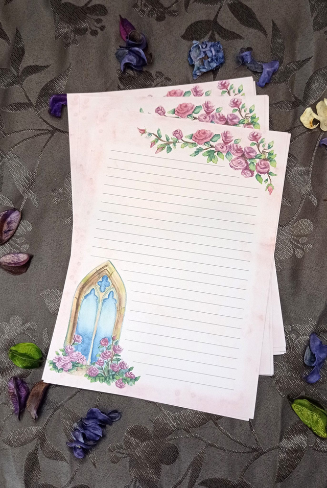 Papier à lettres gothique aux roses – Set artisanal fantasy