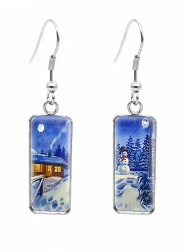 Snowy Cabin &amp; Snowman Drop Earrings