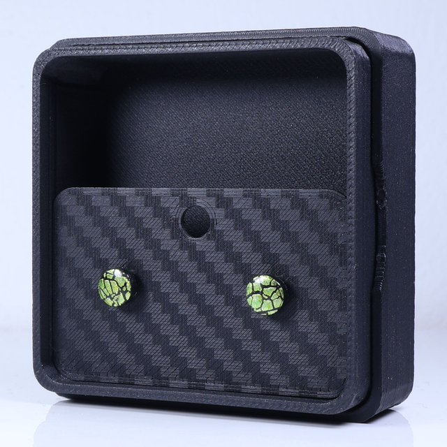 Hypoallergenic Vibrant Electric Cracked Lime Green Polymer Clay Plastic Rubber Back Stud Earrings With Designer Carbon Fiber Jewellery Box