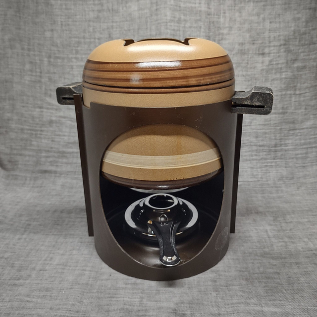 Berk | &#039;Metal Design&#039; Fondueset Geëmailleerde pan met houten zijgrepen, deksel, standaard, spiritusbrander en 6 fonduevorkjes | Vintage