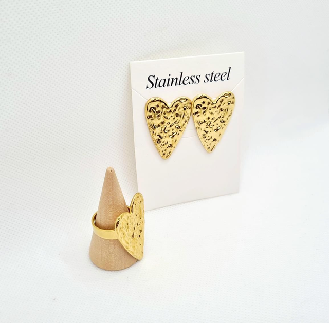 Parure bague + boucles d'oreilles clous "Platitude" en acier inoxydable or 