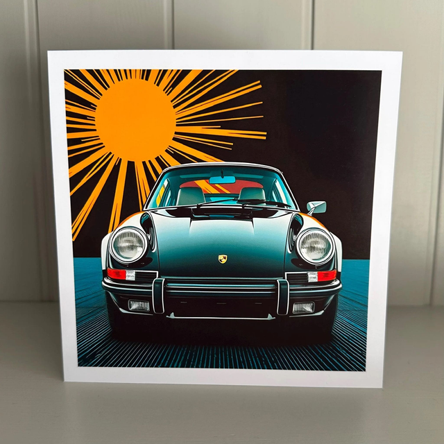 Classic Black Porsche 911 Pop Art Greeting Card – Retro Car Enthusiast Gift, Bold Design for Birthdays, or any Occasion