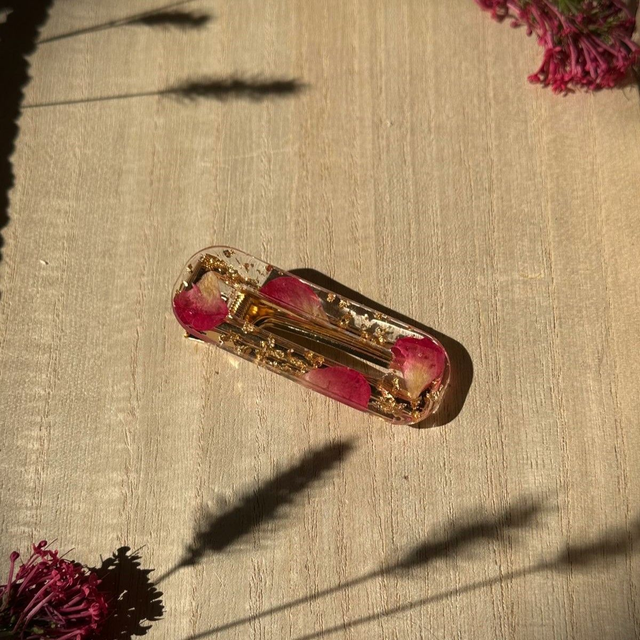 Barrette à cheveux - Pétales de rose et or (rectangulaire)