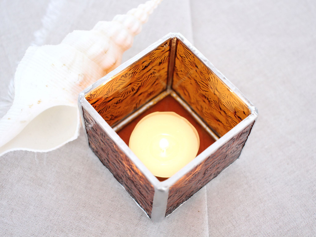 💡Mini Lampe nomade orange en vitrail et bois