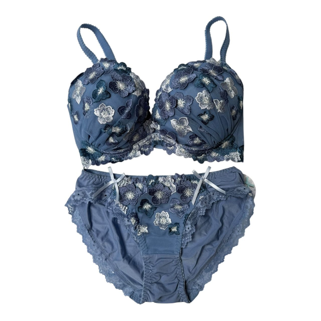 Navy blue Floral Japanese Bra + Underwear Set UK 32DD   