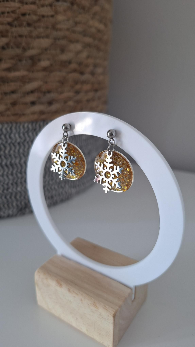 Boucles d'oreilles flocons argentés paillettes dorées 