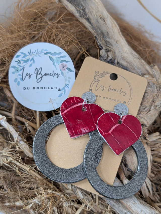 Boucles d&#039;oreilles Coeur ❤️  gris rouge c2010