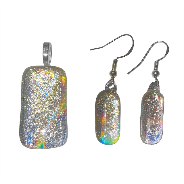 Pendant and earring set with sparkling silver rainbow dichroic glass (Ref P&amp;ES 5)