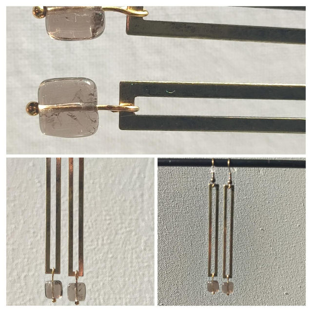 Boucles d'oreilles rectangle bronze et perles carrées en verre fumé, sans nickel, pièce unique 