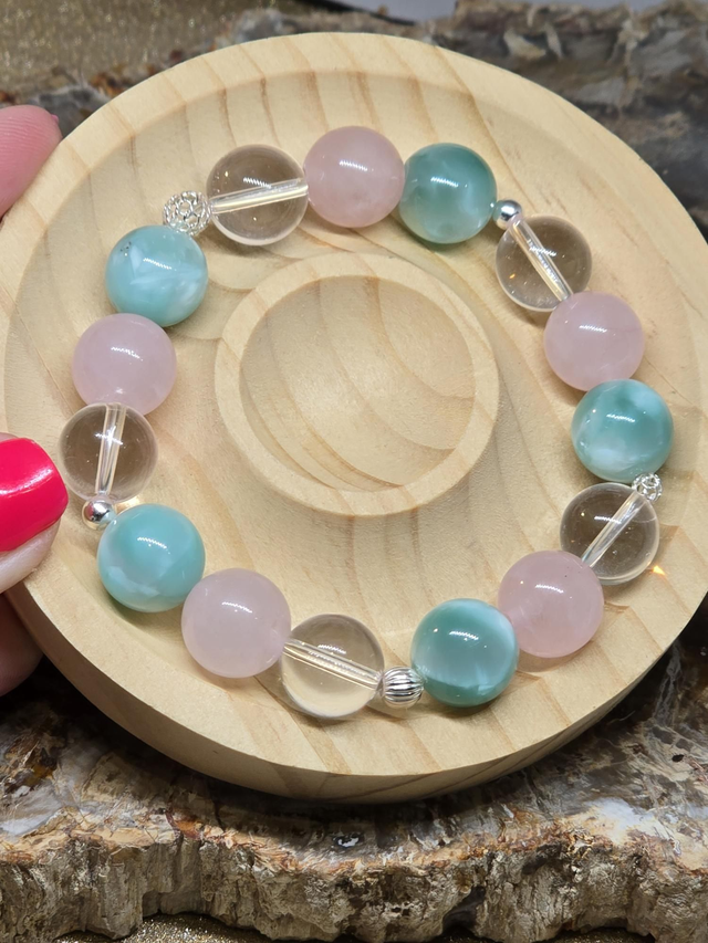 Bracelet Garniérite, Quartz rose, Cristal de roche XL en 1,2 cm