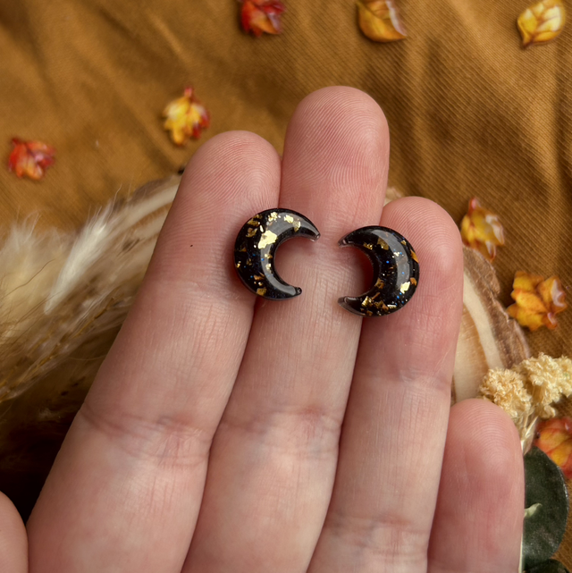 Crescent Moon Studs - Black & Gold