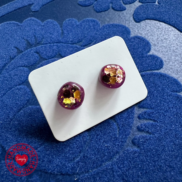 Earring Studs - Maroon &amp; Gold Small Pebble