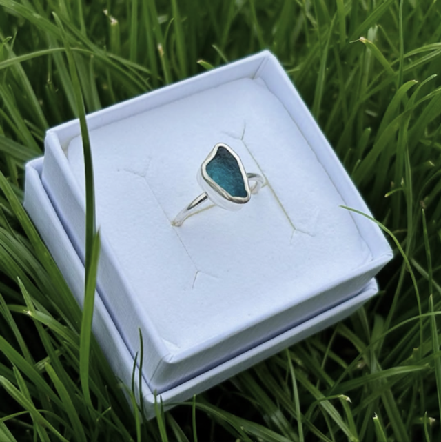 Blue Seaglass &amp; Recycled Silver Pinky Ring Size G