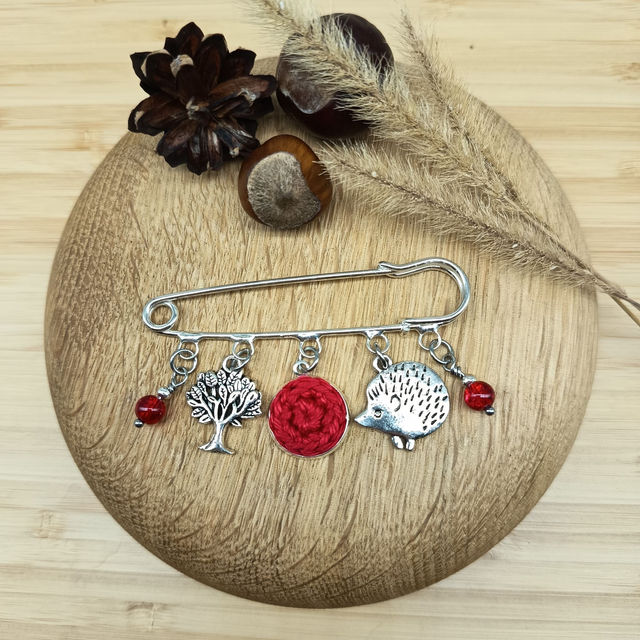 Broche rouge et argentée - Broche d'automne