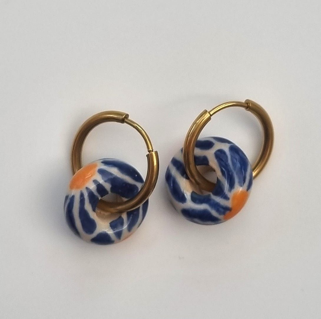Ceramic Golden Hoop Earrings - Klein Blue Flower