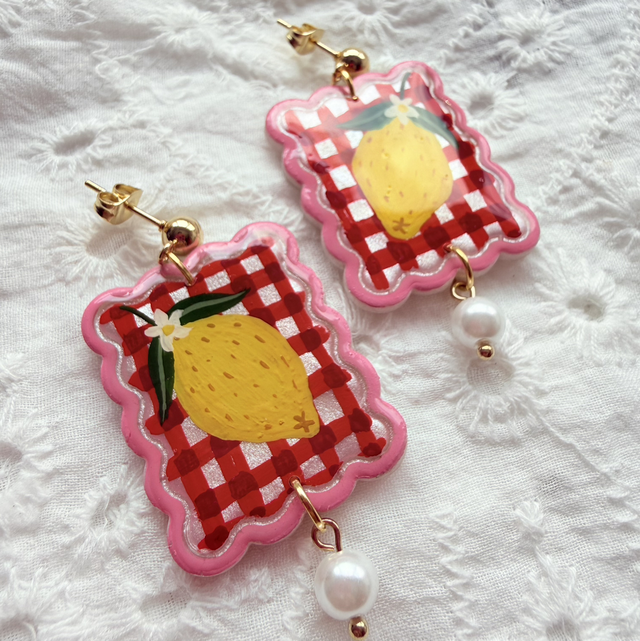 Red Gingham Lemon Pearl Drop Earrings