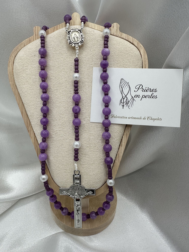 Chapelet artisanal violet - Perles 8mm - Croix argentée