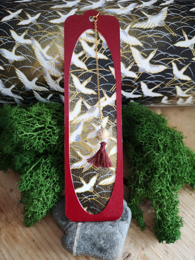 Marque page - japonais - papier - washi - vol de grues - perle - jaspe - pompon - La&amp;Titia