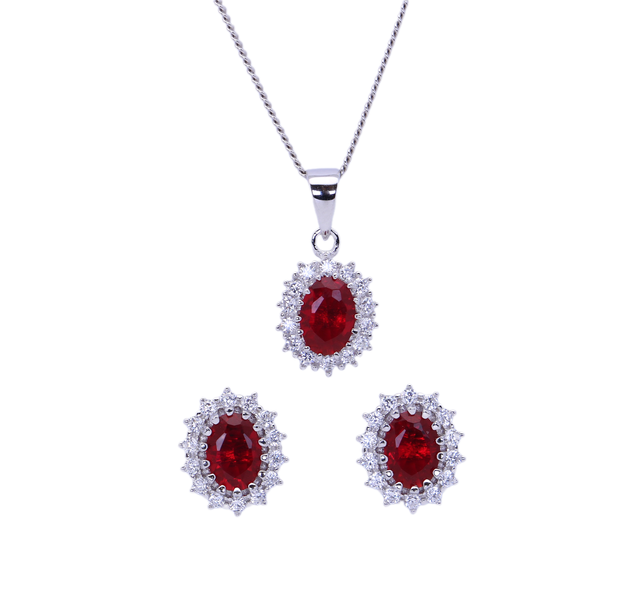 Strahlende Eleganz – Kamelie rot - Zirkonia-Schmuckset aus rhodiniertem 925er Silber