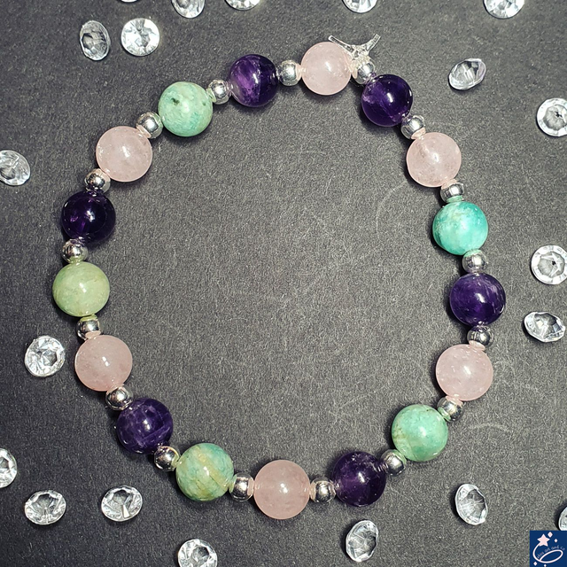 Bracelet élastique en améthyste, amazonite et quartz rose