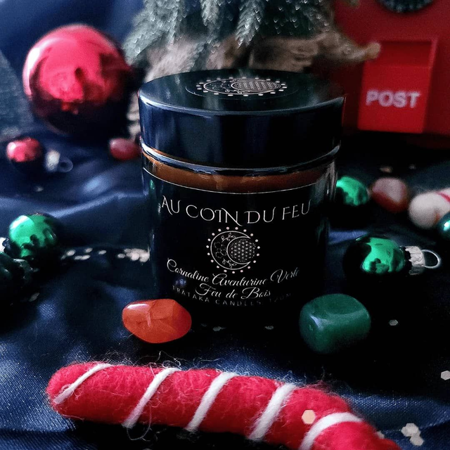 Edition Limitée 2024 - Bougie parfum &#039;Feu de Bois&#039; - Cornaline Aventurine Verte