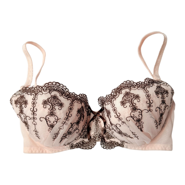 Light pink + brown regal embroidered Japanese Bra UK 30C 