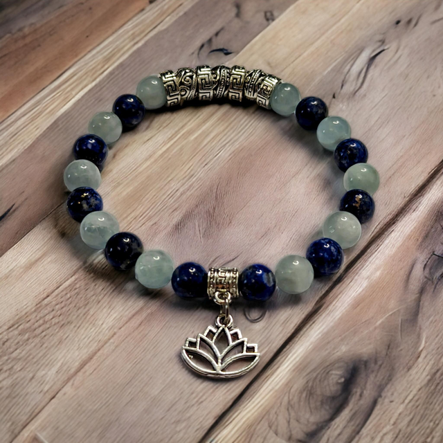 Communication /Bracelet artisanal en Aigue-Marine et Lapis-lazuli/8mm