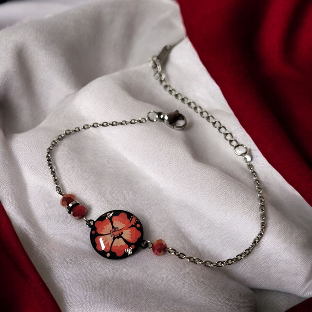 Bracelet dessiné Flora acier inoxydable rouge