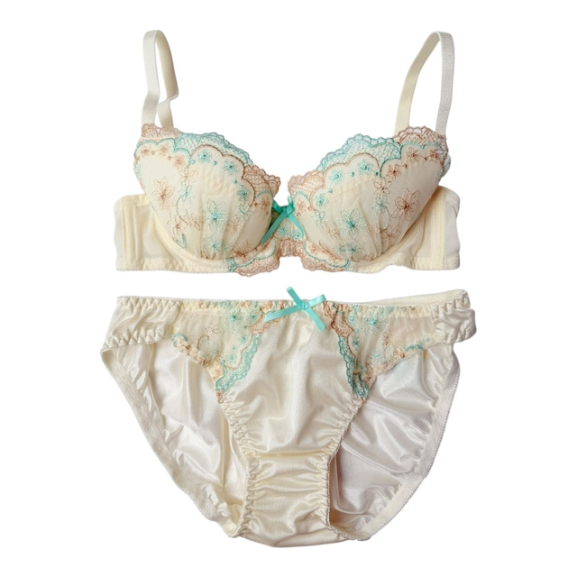 Butter yellow/ cream + teal Japanese Bra + Underwear Set UK 30A  