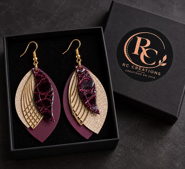 Éclat de Prune & Or – Boucles d’oreilles asymétriques en cuir véritable