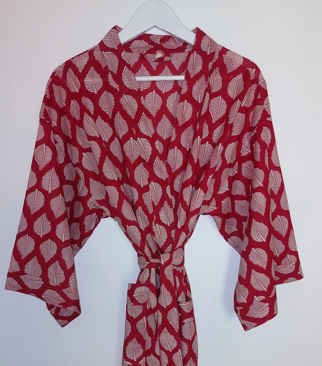 Robe kimono en coton, peignoir, robe de chambre, motif feuilles blanches sur rouge, L.100cm   