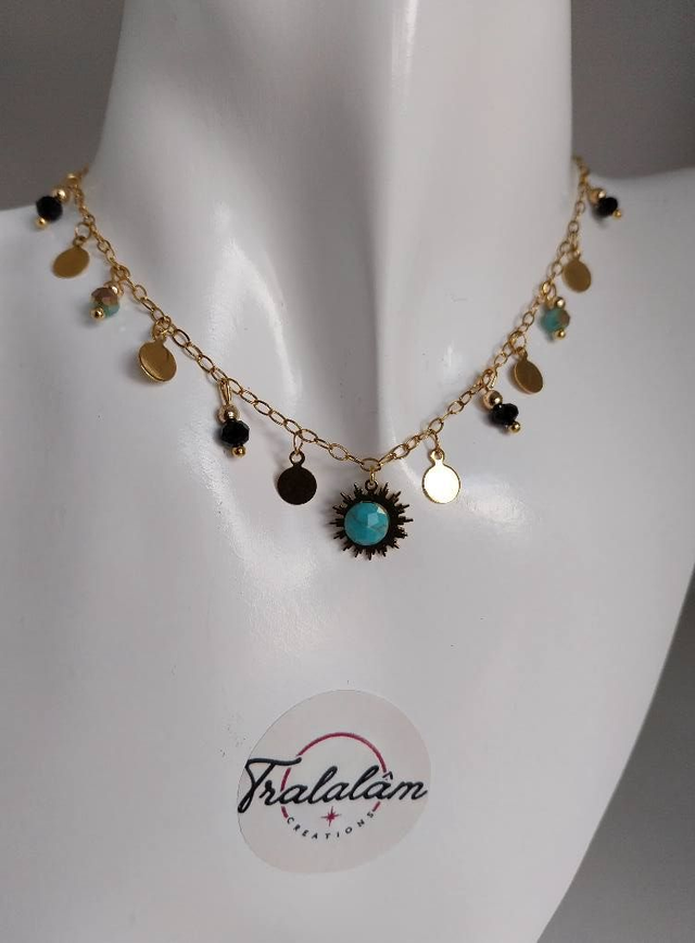 ✨Collier &quot;sequins perles noires et soleil acier turquoise &quot;✨(17CO)