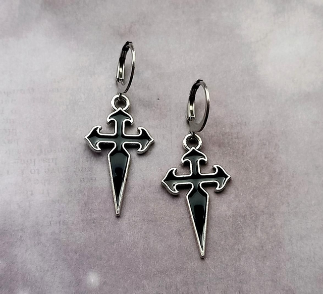 Black Gothic Cross Hoop Earrings 