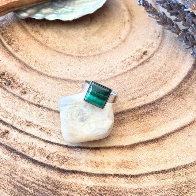 Bague réglable Malachite &amp; inox couleur argenté