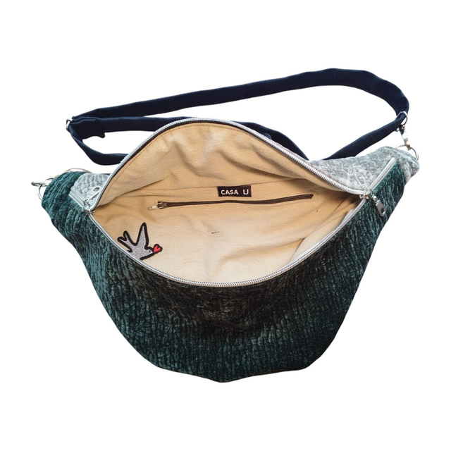 Sac banane en tissu Luxe bicolore vert bronze & gris, effet velours, avec bandoulière en suédine Alaska noir