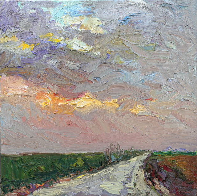 „Frühlingsabend auf einem Landweg“ Öl auf Leinwand, 80×80 cm. 2025