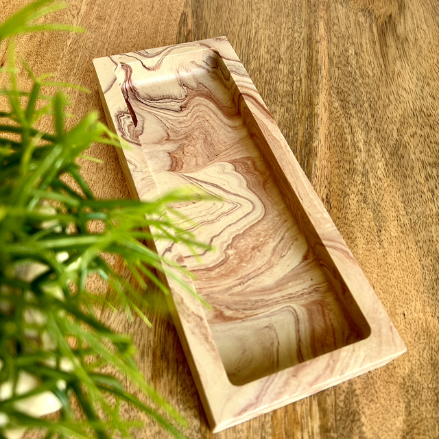 Grand plateau rectangulaire épais beige effet marbre Terracotta 